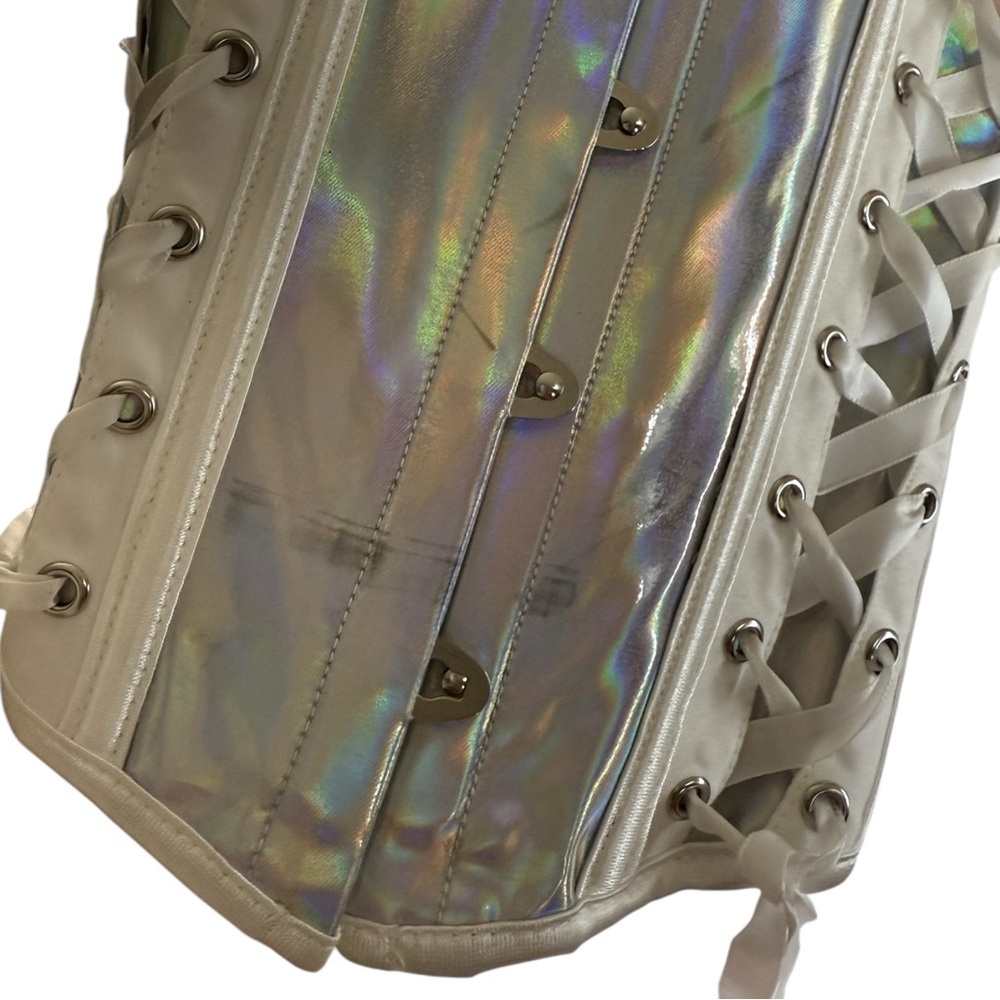 PU Leather Iridescent Silver Lace Up Corset Size Medium - Picture 4 of 4